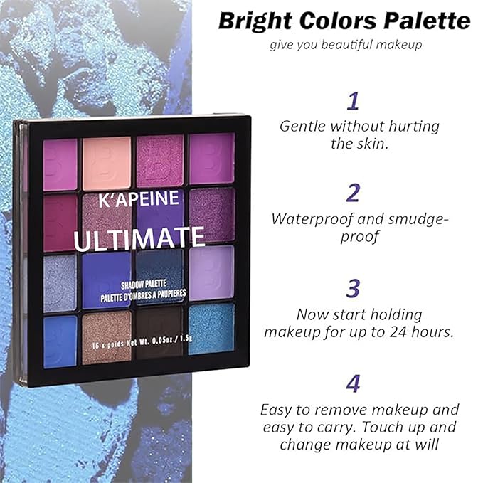 K'APEINE Eyeshadow Palette, Purple Matte Glitter Eye Shadow Palette Goth Eyeshade Kit 16 Colors Pigmented Eye Makeup Palette for Rave Parties, Music Festival, Performance, Costume and Halloween