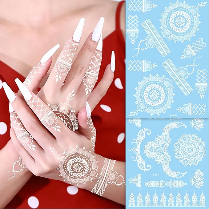 6 Sheets Henna Tattoos Temporary Stickers White Flower Geometric Waterproof Henna Tattoos for Women Indian Diwali Supplies Wedding Party Festivals Decoration