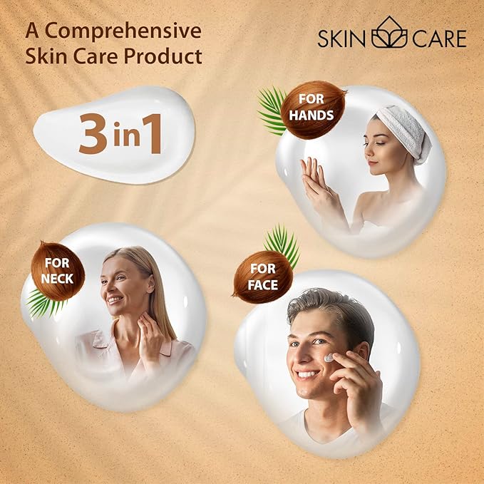 Skin Care Coconut Oil 3-in-1 Moisturizer Face Cream, Neck and Hands - Treatment for Crepey Texture, Wrinkles and Sagging - Daily Lotion for All Skin Types - 16.9 fl. oz.