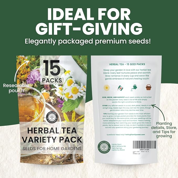 Herbal Tea Garden Seeds | 15 Individual Packs | 2026 Season | Non-GMO | Chamomile, Mint, Lavender, Holy Basil & More! | Grow Your Own Fresh Tea Herbs | by Family Sown