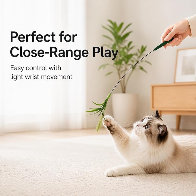 Mini Cat Wand Toy Set - Fast Motion Interactive Cat Teaser, Small Feather & Flowing Feather Tips, Flexible Wire Wand for Indoor Cats, Close-Range Play, 2 Pack
