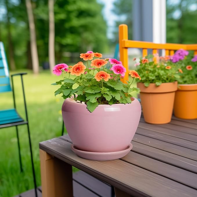 Ceramicfor 6 Inch Plant Pot - Ceramic Pot for Indoor Plants, Glaze Modern Decorative Round Ceramic Planter with Drainage Hole and Saucer, Plant Lover Gifts, Home Garden Room Office Decor, Pink