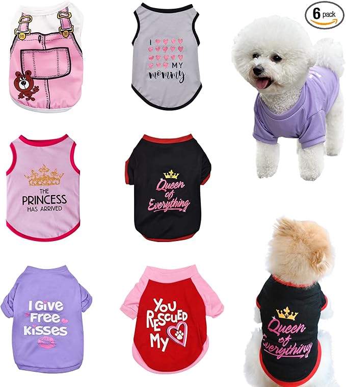 6 Pack Dog Clothes for Small Dogs Boy and Girl, Soft and Breathable Puppy Kitten Dog Shirts with Letters for Pet Cats, Summer Dogs T-Shirts Apparel Sleeveless Vests for Chihuahua Yorkies(M)