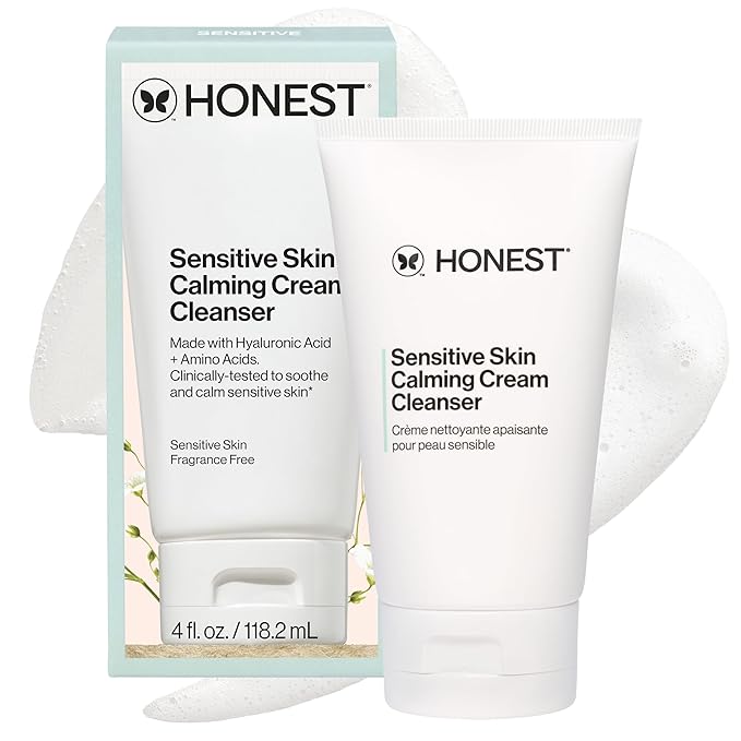 Honest Beauty Sensitive Skin Calming Cream Cleanser, Gently Cleanses Hydrates Calms, Hypoallergenic, Fragrance-Free, Vegan, 4 fl oz