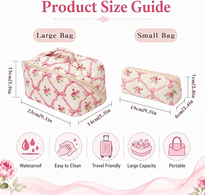 Travel Makeup Bag for Women,Large Capacity Quilted Cosmetic bag， 2PCS Make up Bag Set Open Flat Toiletry Bag for Skincare, Brushes & Travel Essentials (Pink)