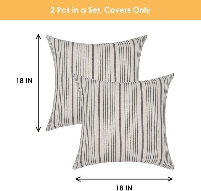 Gray Outdoor Striped Decorative Couch Throw Pillow Covers 18x18 | Pack of 2 Farmhouse Square Throw Pillows for Couch Sofa Bed 18x18 in Grey and Cream