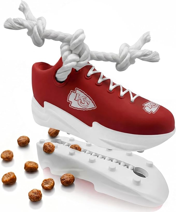 Pets First NFL Kansas City Chiefs Cleat Sneaker Spike Dog Toy, Football Treat Dispenser Chew Toy for Dogs, Interactive Rope Tug Toy, Slow Feeder Natural Rubber Dog Toy with Official Team Logo