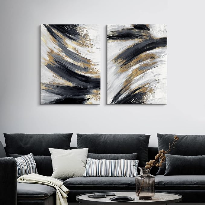 Chadow Artwork 2 pieces Black and Gold Abstract Wall Art 2 Pack Black and White Canvas Wall Decor Modern Framed Artwork for Living Room Bedroom Office Décor Ready to Hang 12"x16"(30cmx40cm)