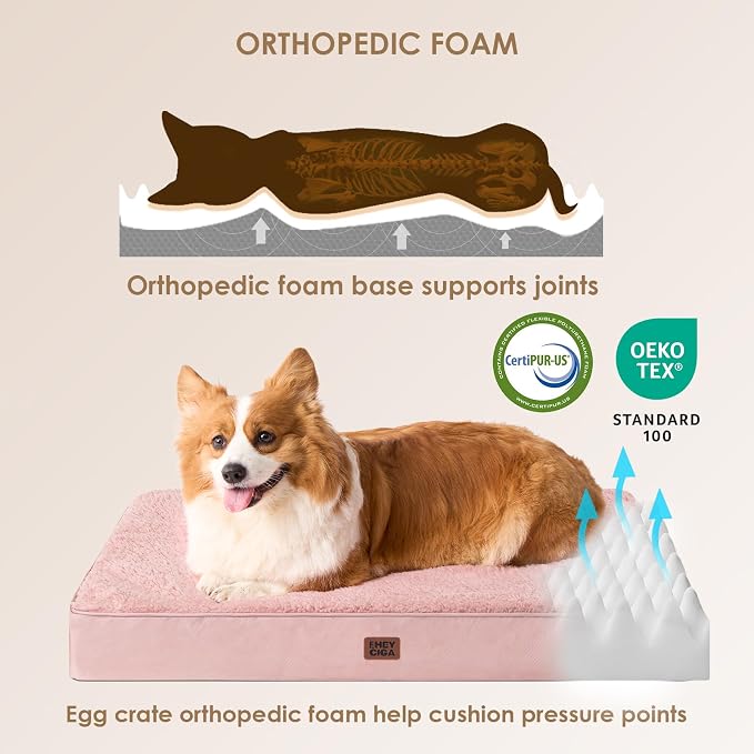 EHEYCIGA Orthopedic Dog Bed Large with Removable Washable Cover, 36IN Pink | Egg Crate Foam Support, Durable Oxford fabric, Non-Slip Bottom, Machine Washable, Soft Waterproof Plush Pet Bed Mat For Crate