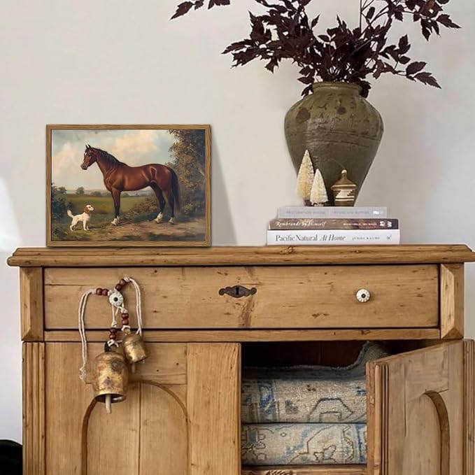 Framed Vintage Wall Art, Rustic Horse and Dog Pictures Wall Decor, Farmhouse Animal landscape Paintings Canvas Prints Neutral Aesthetic Home Decor for Living Room Bedroom Bathroom Office 12x16 inch