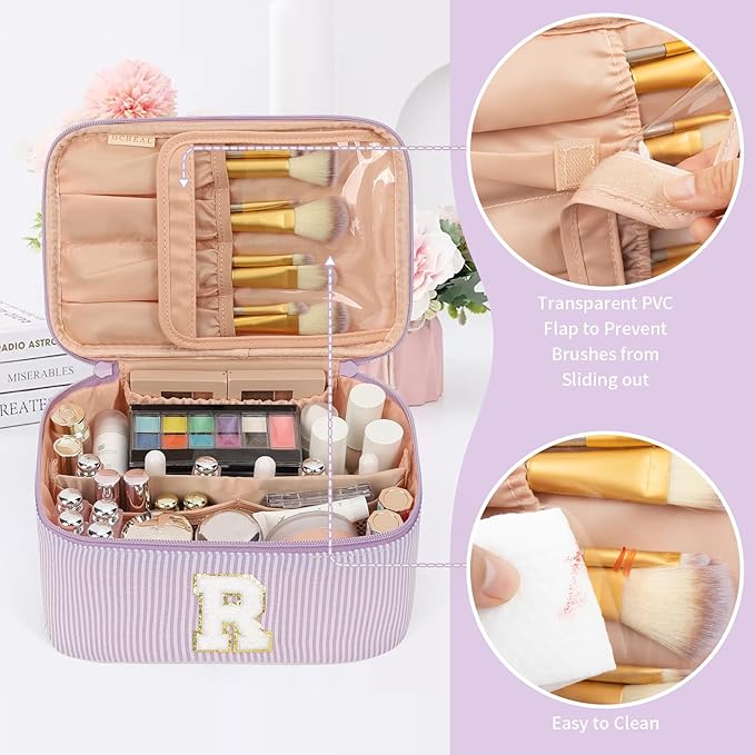 OCHEAL Makeup Bag Valentines Day Gifts for Women, Monogram Cosmetic Bag Purple Travel Makeup Case Beauty Toiletry Bag Organizer Personalized Gifts for Girls Bridesmaid, Sister, Wife, Friends Initial R
