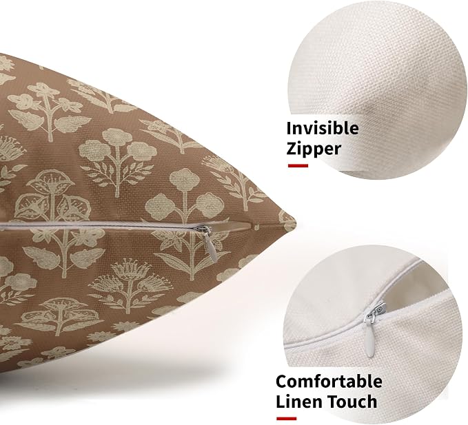 Brown Pillow Covers 12x20 Inch Set of 2, Cream Floral Block Print Pattern Lumbar Decorative Throw Pillowcases Outdoor Farmhouse Rectangle Cushion Covers Spring Summer Sofa Couch Bed Decor