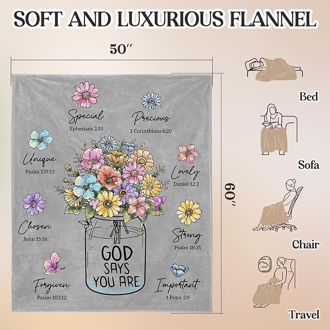 Christian Religious Gifts for Women, Grey Christian Blanket with Flowers | Birthday Gifts for Women, Spiritual Baptism Religious Gifts for Men Dad Mom Daughter Girls Boy, Soft Throw Blanket 60''x 50''