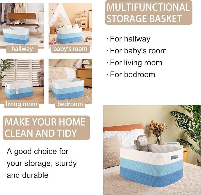 OIAHOMY Large Blanket Basket, 22”x17”x12” Rectangle Woven Baskets, Nursery Blanket Storage Living Room, Toy Storage With Handle, Large Baskets for Organizing-Gradient Light Blue