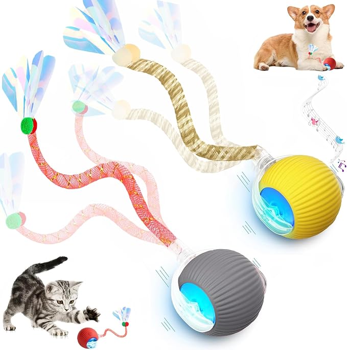 2 Packs Speed 2.0 Tail Interactive Cat Toys for Indoor Cats, Moving Cat Toy | Chirping & Motion Activate Cat Toy, Smart Kitten Toys Rolling Ball Moving Ball, Electric Dog Cat Ball for Enrichment Exercise