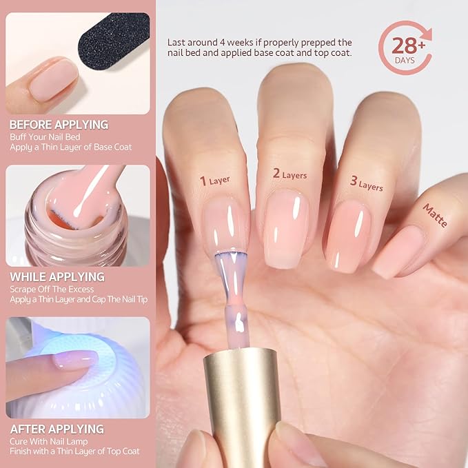 GAOY Milky White Jelly Nude Gel Nail Polish Set, 6 Transparent Colors Sheer Pink Orange Soak Off UV Light Cure Gel Polish Kit for Salon and Nail Art DIY at Home