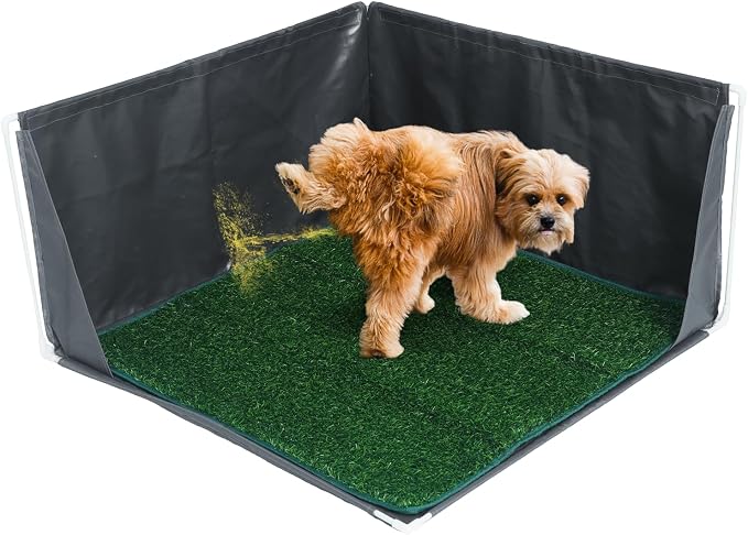Dog Litter Box with High Walls with Artifial Grass Pad | Waterproof Pee Pad Holder Foldable, Indoor Dog Potty Tray for Puppy & Large Dogs, Splash-Proof No Spill Pee Shield for Pets