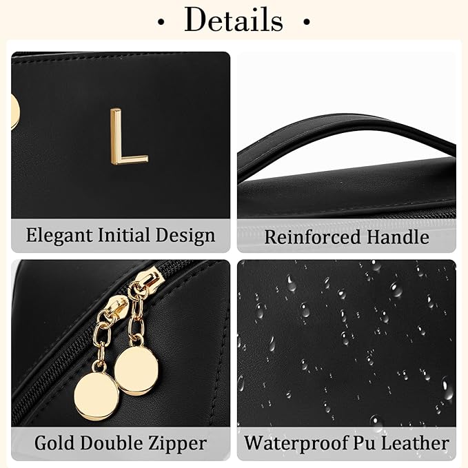 Birthday Gifts for Women Teen Girl, Personalized Initial Makeup Organizer Bag Set, Open Flat Travel Cosmetic Bag With Clear Divider and Handle(Black,L)