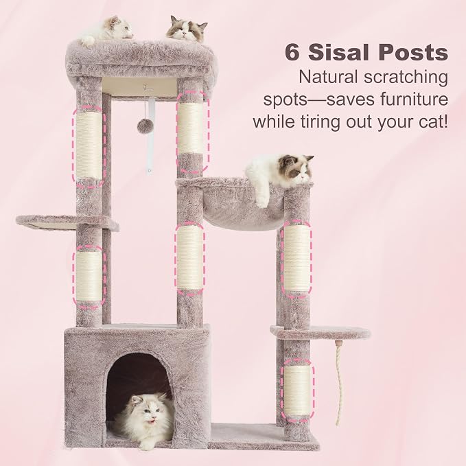 Heybly Heavy Duty Cat Tree with Large Base for Large Indoor Cats HCT026MU | Cat Tower with Scratching Posts, Tall Cat Condo House , Multi-Level Plush Furniture with Hammock & Toy Balls, Rosy Brown