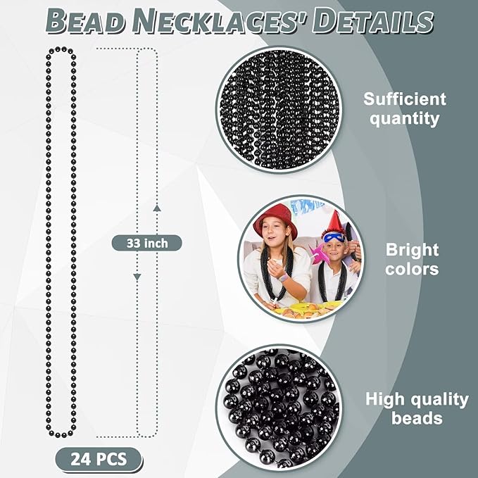 24PCS Black Bead Necklace, Halloween Black Bead Necklaces Stuff Accessories, 33" Mardi Gras Beads Necklace Costume, Festival Parade Throw for Halloween Wedding Party Events Supplies Decorations