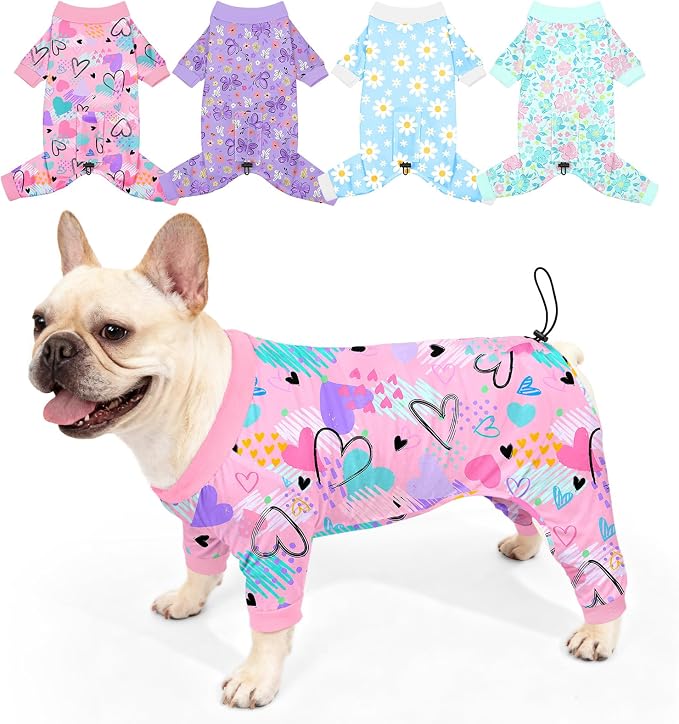 Bienbee Dog Pajamas, 4 Pack Adjustable Onesies for Small to Large Dogs L | Dog Shedding Suit with Soft Fabric, Breathable & Stretchy, and Adjustable Back Length for Sleeping Lounging and Daily Use
