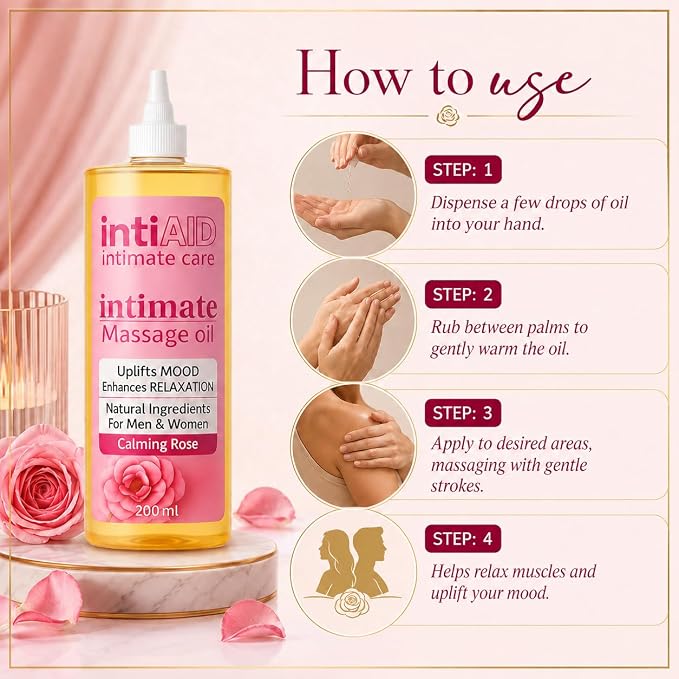 Intimate Massage Oil for Date Nights with Calming Rose Scent | Natural Jojoba, Almond Oil & Vitamin E | 7 Fl Oz