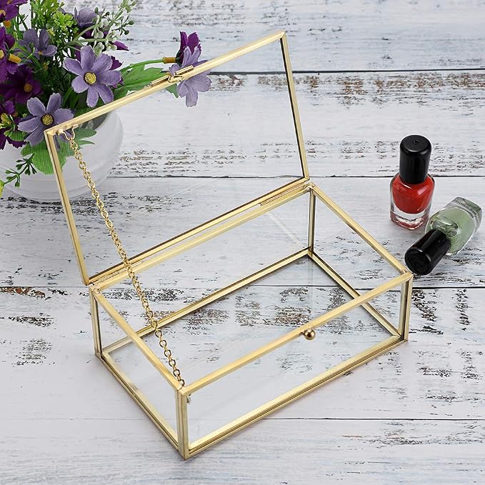 Hipiwe Vintage Glass Keepsake Box, Rectangle Jewelry Display Organizer Case | Vanity Lidded Box Home Decor Accent Decorative Boxes for Storage Trinket Rings Bracelet