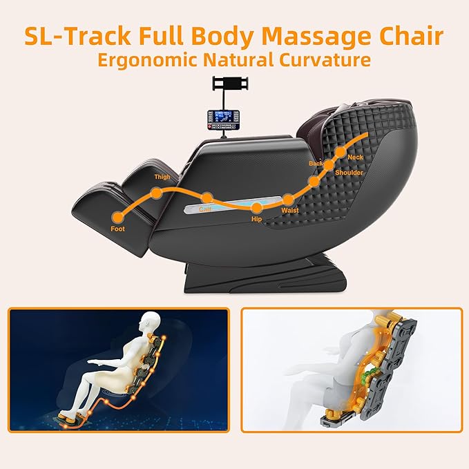 Massage Chair Full Body, 4D Zero Gravity SL-Track Knead Shiatsu Massage Recliner Chair with Airbags, Touchable Screen, Heating, Foot Rollers, Home or Office (Black & Brown)