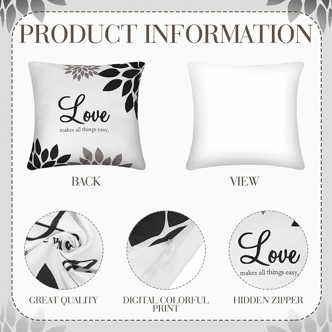 Tatuo 4 Pcs Flower Pillow Covers Square Summer Pillow Cushion Cases 18 x 18 Inch Family Faith Hope Love Words Decorative Spring Winter Cushion Case for Bed Couch Sofa Living Room(Black Series)