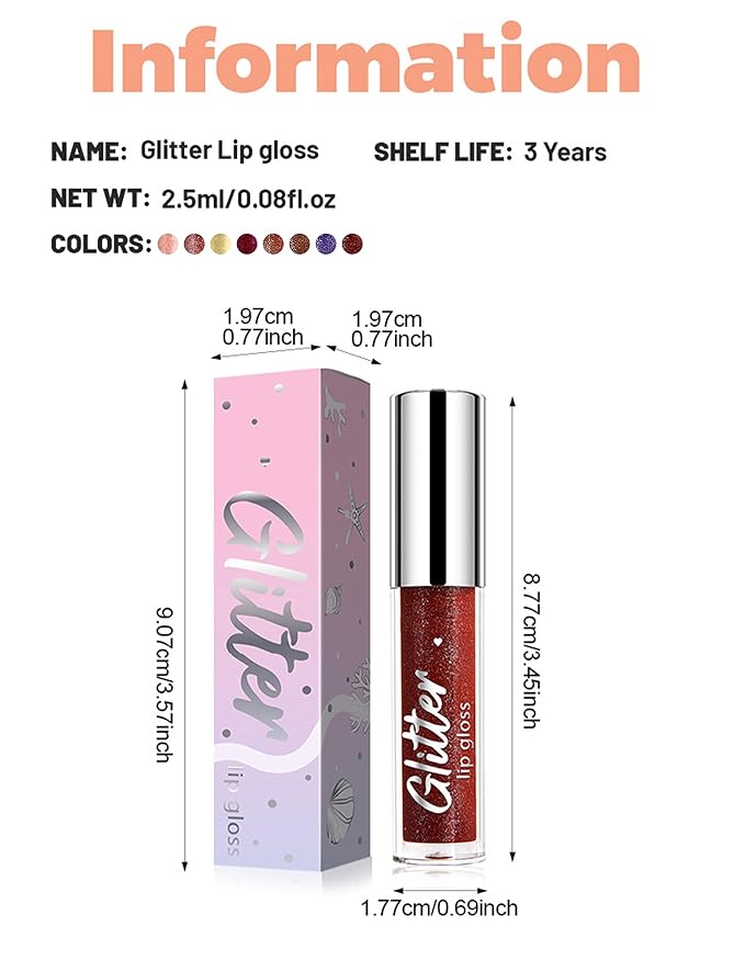 Erinde Glitter Shimmer Lip Gloss, Hydrating High-Shine Glimmer Finish & Sheer Wash Of Color Lip Oil, Non-Sticky, Moisturizing Lip Makeup, Bling Sparkle Lip Gloss Lipstick, Vegan & Cruelty-Free, 03