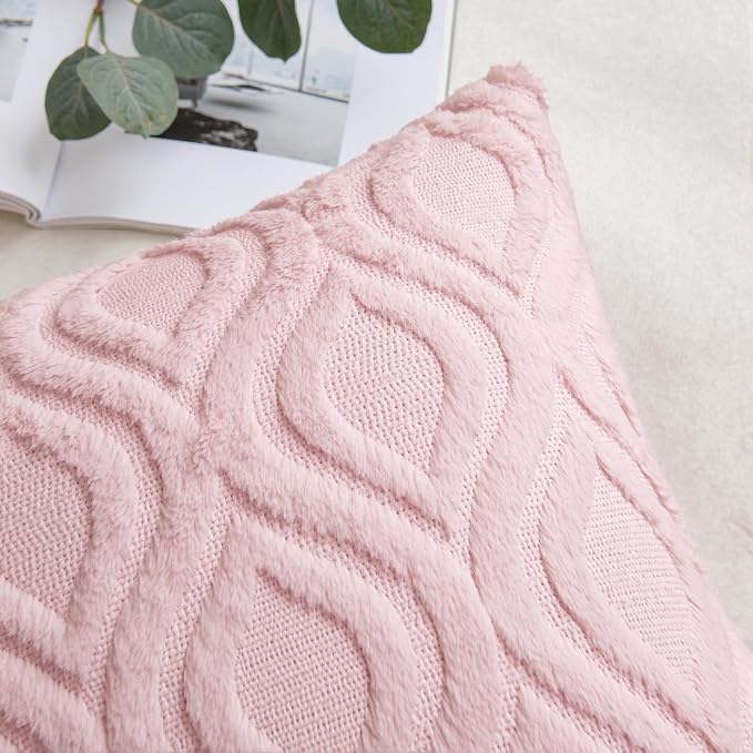MIULEE Light Pink Soft Plush Faux Wool Euro Throw Pillow Covers 24x24 | Set of 2, Farmhouse Boho Home Decor, Decorative Cushion Covers for Sofa, Living Room, Bed