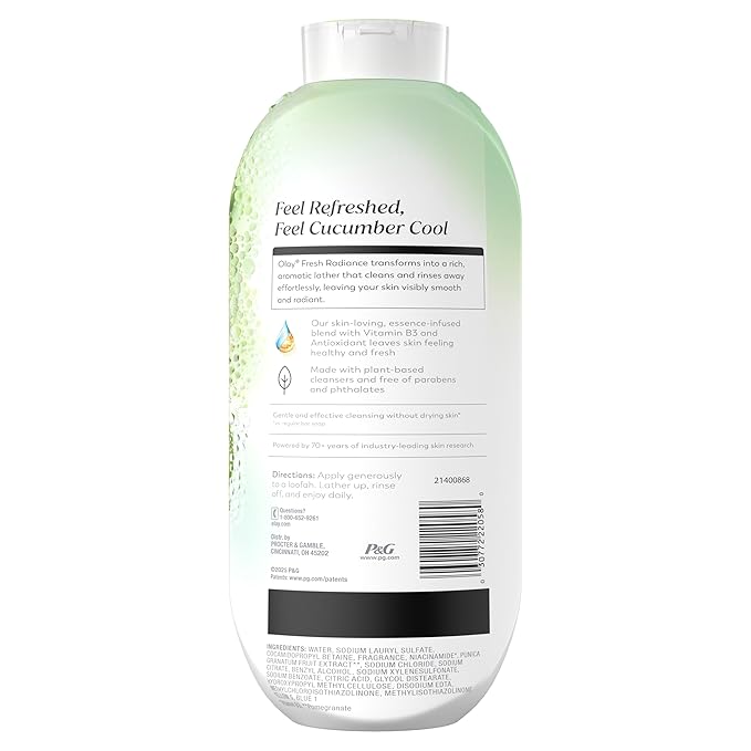 Olay Body Wash for Women, Fresh Radiance, 24/7 Skin-Loving Freshness, Visibly Radiant, Plant Based Cleansers, Vitamin B3 & Antioxidant Blend, For All Skin Types, Cucumber & Aloe Water Scent, 22 fl oz