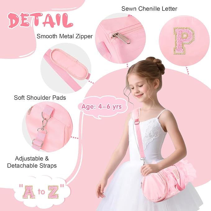 Personalized Initial Dance Bag for Girls 4-6, Small Lace Gym Sport Yoga Cheer Dance Bags Gift for Teen Girls, Cute Letter Kids Ballet Bag Toddler Travel Duffel Tote with Adjustable Straps(Pink-P)
