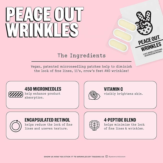 PEACE OUT Microneedling Wrinkle Patches with Retinol, Peptides, Vitamin C, Helps Smooth Fine Lines, Improve Deep Wrinkles and Firm Skin, 6 Patches