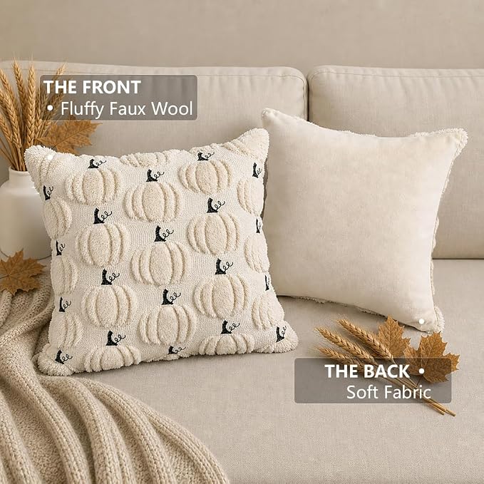 Fall Pumpkin Decorative Pillow Covers 20x20 Set of 2, Beige Soft Plush Faux Fur Wool Farmhouse Throw Cushion Cases for Autumn Thanksgiving Holiday Home Decorations