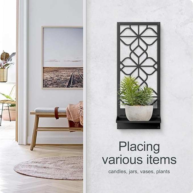 Black Wall Candle Holder Set of 2, Farmhouse Bathroom Metal Wall Decor | 3D Wall Candle Sconces, Rustic Vintage Wall Art for Bedroom, Living Room (16.5 x 7 in)