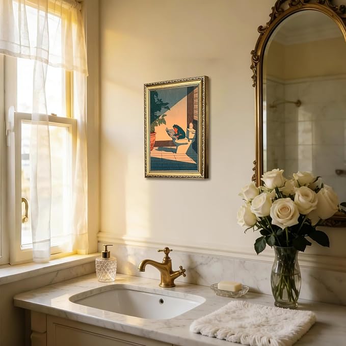 Funny Frog Bathroom Wall Art, Cute Japanese Frog in Toilet Wall Decor, Whimsical Green Animal Restroom Poster Canvas Painting Prints Artwork 16x24 inch Gold Framed