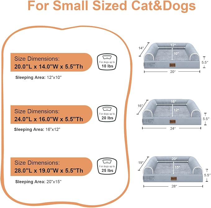 Orthopedic Dog Bed for Medium Dogs, 28 x 19 Inch, Light Grey | Egg crate foam for joint support, 3-sided bolster pet sofa, waterproof lining, washable cover, and non-skid base