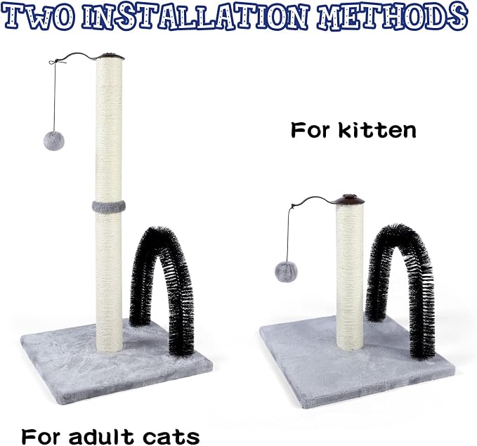 ANWA 32" Tall Cat Scratching Post with Arch Groomer, Natural Sisal, Gray | Natural Sisal Post for Indoor Cats Adults, Stable Cat Post with Plush Toys, Self-grooming Brush, Cat Furniture, Small Space