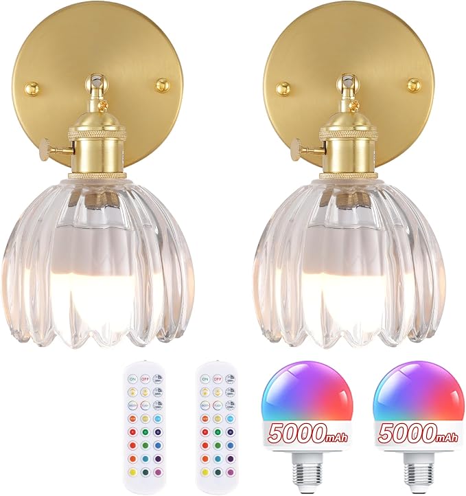 Shenmoyl Vintage Battery Operated Wall Sconce with Clear Tulip Glass Lampshade 5000 mAh Rechargeable Battery Powered Wall Light with Remote Control for Bedside Bedroom Doorway, Set of 2
