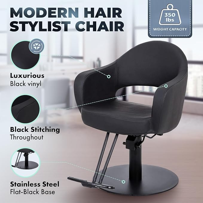 Buy-Rite Cleo Professional Salon Styling Chair & Barber Chair, All Black Vinyl with Black Stitching, Easy-Clean Crevice-Free Seat, Flat Round Base, Heavy-Duty Build, YLG-376