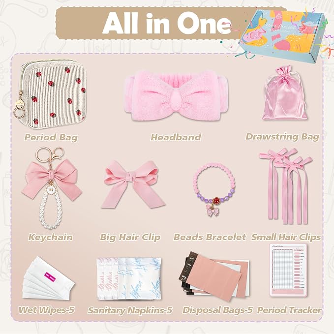 First Period Kit for Teen Girls, Bow Tie Corduroy Cute Sanitary Napkin Storage Bag, Menstrual Pad Bag Tampon Holder for Purse, First Period Gifts, Birthday/Christmas Gifts (Strawberry)