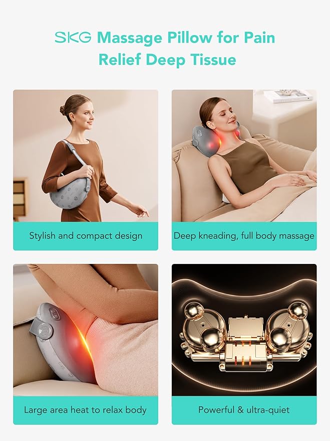 SKG Shiatsu Back Massager for Pain Relief Deep Tissue with Heat 4D Kneading Cordless Electric Massage Pillow Christmas Gifts for Men Women Dad Mom Grandpa