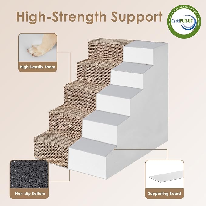 EHEYCIGA Dog Stairs for High Bed 25" H, Extra Wide Dog 5-Step, Camel | Pet Steps for Small Dogs and Cats for Bed, Non-Slip Balanced Pet Ramp Indoor