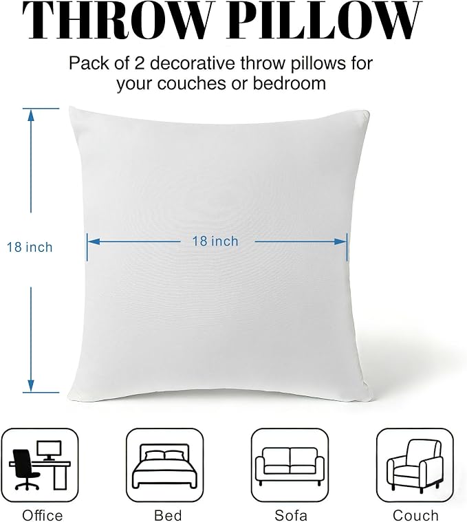 Water Resistant Polyester Pillow Inserts with Plush Dot Cover | Pack of 2 Square Form Indoor Decorative Pillow, Bed and Couch Pillows, 18 x 18 Inches, Gray