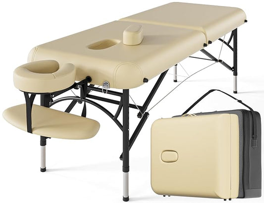 CLORIS 84" Professional Massage Table Portable 2 Folding Lightweight Facial Salon Spa Tattoo Bed Height Adjustable with Carrying Bag & Aluminium Leg Hold Up to 1100LBS Cream