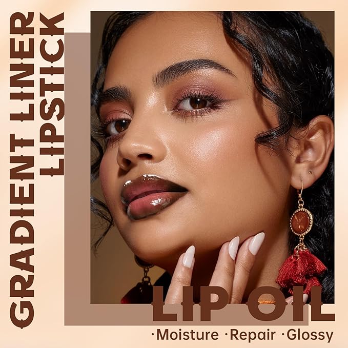 Lip Liner Gloss Set, Dark Brown Plumping Lip Liner Lip Pencil Moisturizing Lightweight Lip Gloss Lip Combo, High Shine Glossy Lip Tint Lip Stain Makeup Long Lasting Lip Contour for Women