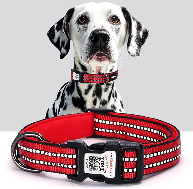 Personalized Dog Collar with QR Code Dog Tag, Red L | Anti-lost, 1000D nylon, reflective, padded, XS-L(8"-24"), QR buckle shares lost pet profile, location alerts when scanned
