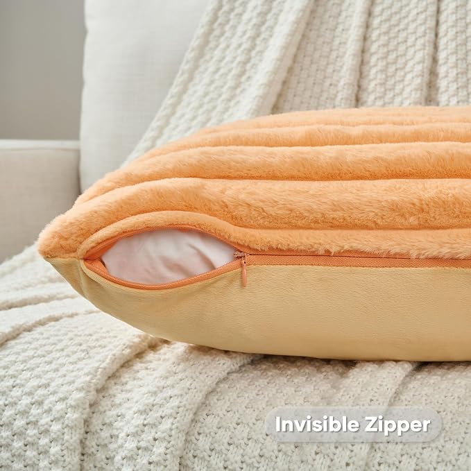 FUTEI Pack of 2 Faux Fur Throw Pillow Covers 22x22 Inch, Orange | Fluffy Faux Rabbit Fur Front/Premium Velvet Back,Hidden Zipper,Machine Washable,Non-Shedding,Colorfast,Insert Not Included.