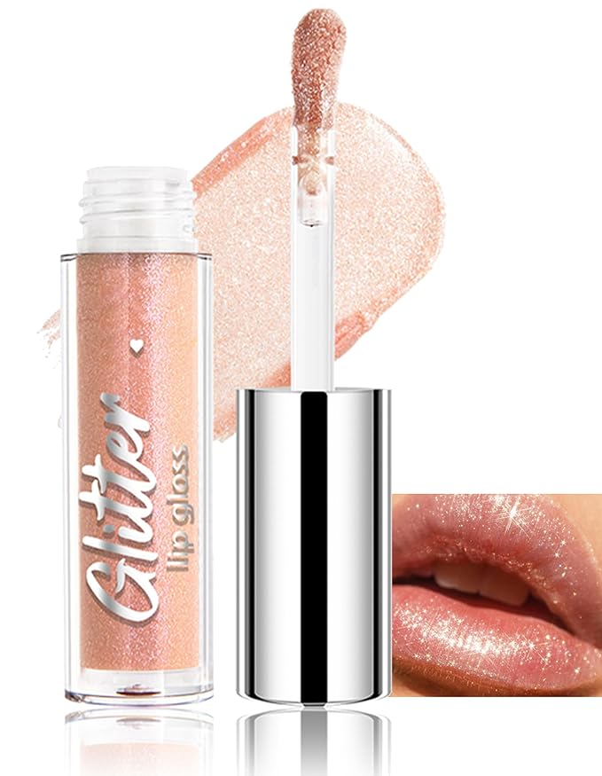 Erinde Glitter Shimmer Lip Gloss, Hydrating High-Shine Glimmer Finish & Sheer Wash Of Color Lip Oil, Non-Sticky, Moisturizing Lip Makeup, Bling Sparkle Lip Gloss Lipstick, Vegan & Cruelty-Free, 01
